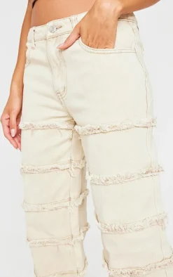 Washed Stone Frayed Striped Seam Wide Leg Jeans