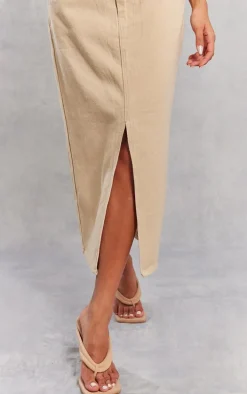 Washed Stone Split Front Mid Rise Denim Midi Skirt