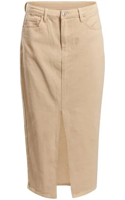 Washed Stone Split Front Mid Rise Denim Midi Skirt