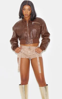 Washed Stone Twill Pocket Detail Micro Mini Cargo Shorts