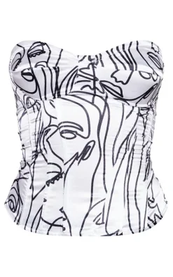White Abstract Faces Print Satin Corset