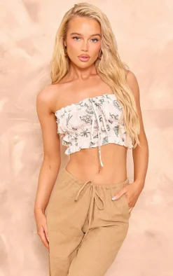 White Abstract Printed Ruched Bandeau Crop Top