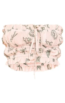 White Abstract Printed Ruched Bandeau Crop Top