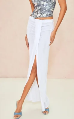 White Acetate Slinky Drape Front Maxi Skirt