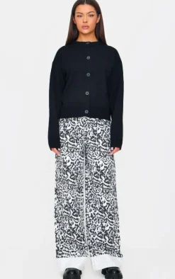 White And Black Leopard Print Turn Up Hem Wide Leg Jeans