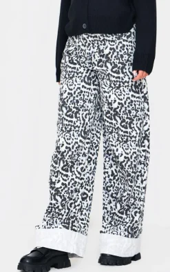 White And Black Leopard Print Turn Up Hem Wide Leg Jeans