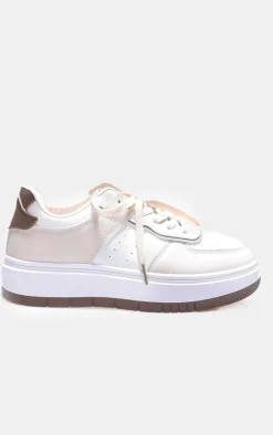 White and Cream Pu Contrast Chunky Sole Lace Up Sneakers