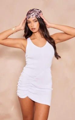 White Asymmetric Ruched Rib Knit Mini Dress