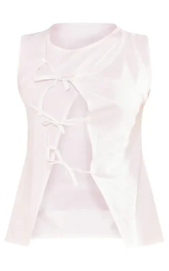 White Asymmetric Tie Front Linen Look Top