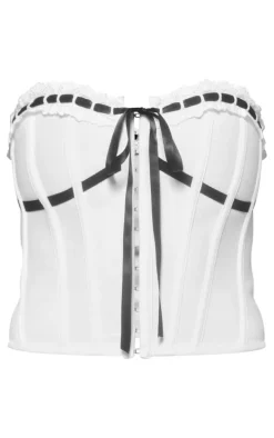 White Bandage Bandeau Hook & Eye Lace Trim Ribbon Detail Corset