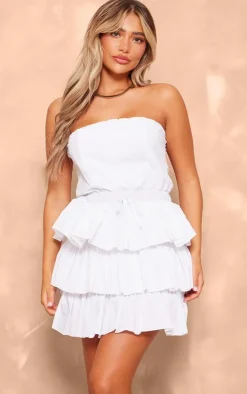 White Bandeau Tiered Elasticated Waist Mini Dress