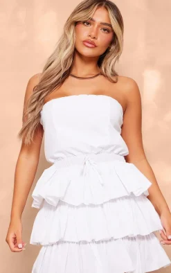 White Bandeau Tiered Elasticated Waist Mini Dress