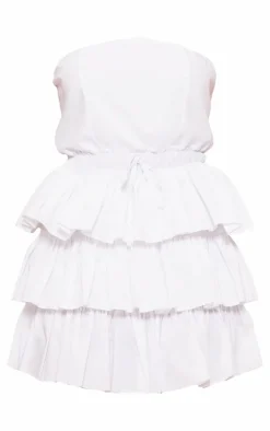 White Bandeau Tiered Elasticated Waist Mini Dress