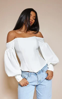 White Bardot Balloon Sleeve Corset Top