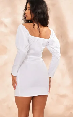 White Bardot Corset Button Detail Bodycon Dress