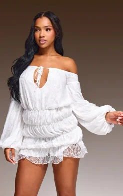 White Bardot Lined Lace Shirred Bodycon Dress