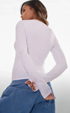 White Basic Cotton Blend Long Sleeve Fitted T Shirt