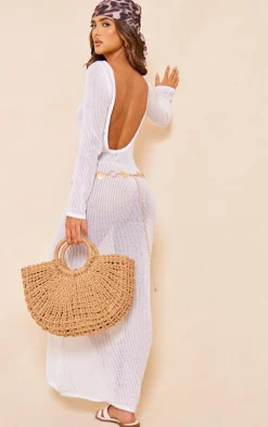 White Basic Crochet Knit Open Back Maxi Dress