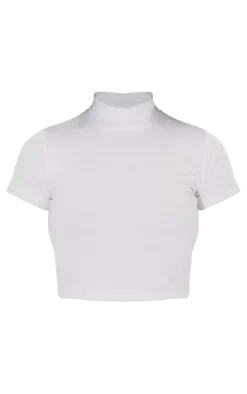 White Basic Rib High Neck Short Sleeve Crop Top