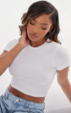 White Basic Ribbed Short Sleeve Crop Top