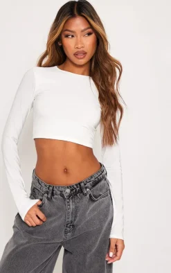 White Basic Slinky Long Sleeve Crop Top