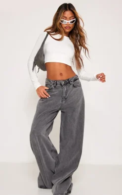 White Basic Slinky Long Sleeve Crop Top