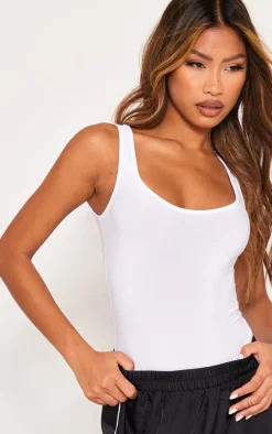 White Basic Slinky Scoop Neck Bodysuit