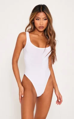 White Basic Slinky Scoop Neck Bodysuit
