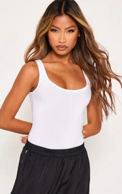 White Basic Slinky Scoop Neck Bodysuit