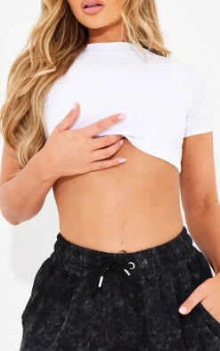 White Basic Slinky Short Sleeve Crop Top