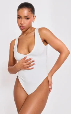 White Basic Slinky V Neck Bodysuit