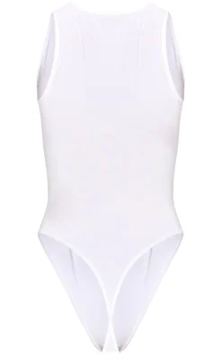 White Basic Slinky V Neck Bodysuit