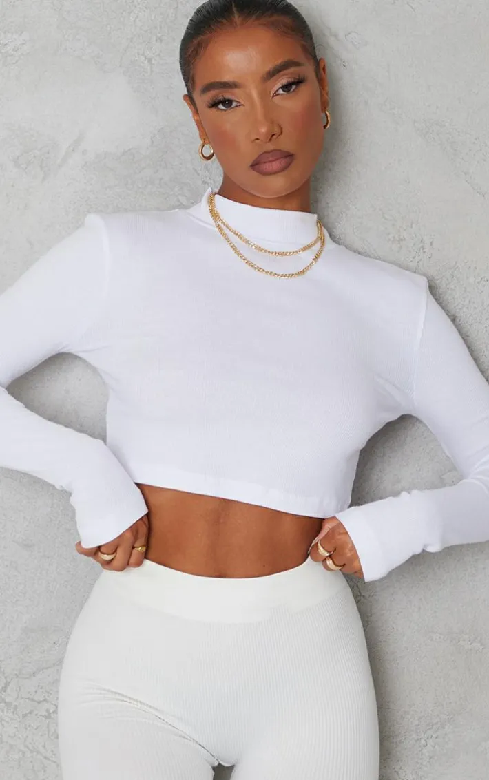 White Basic Soft Ribbed High Neck Long Sleeve Crop Top