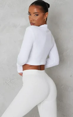 White Basic Soft Ribbed High Neck Long Sleeve Crop Top