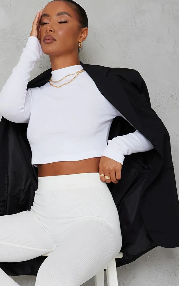White Basic Soft Ribbed High Neck Long Sleeve Crop Top