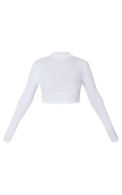 White Basic Soft Ribbed High Neck Long Sleeve Crop Top