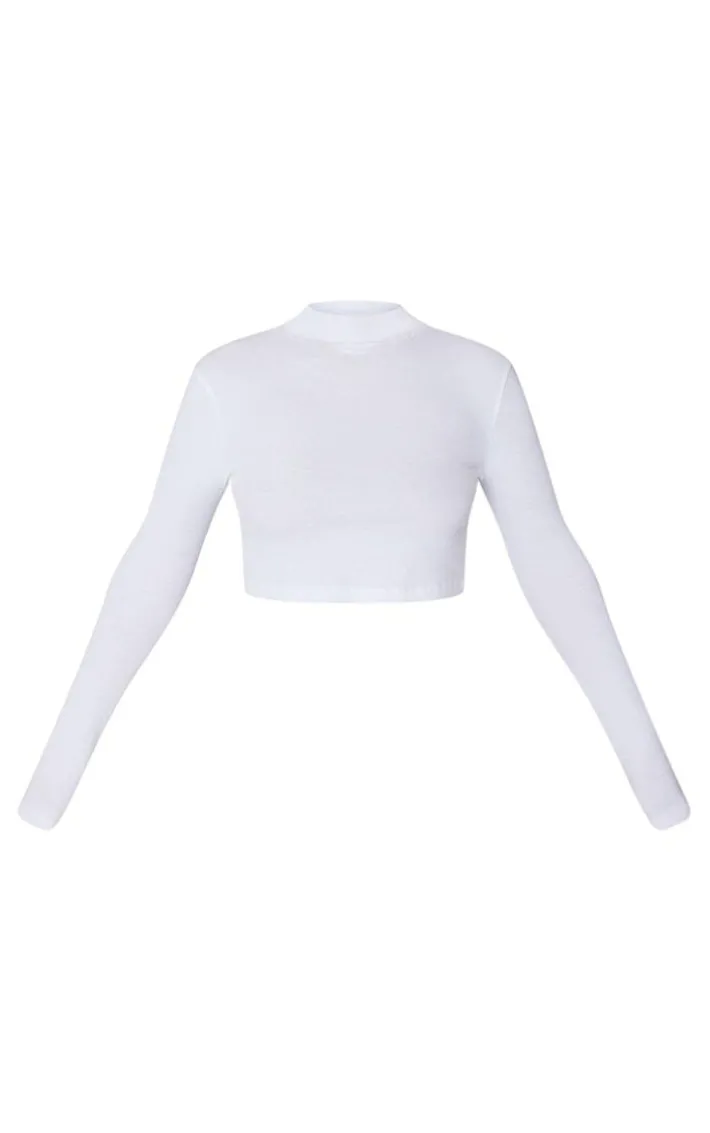White Basic Soft Ribbed High Neck Long Sleeve Crop Top