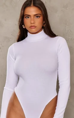 White Basic Soft Ribbed High Neck Long Sleeve Bodysuit