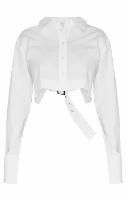 White Blackless Buckle Detail Cropped Shirt