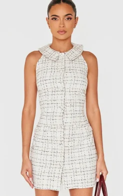 White Boucle Button Up Mini Dress