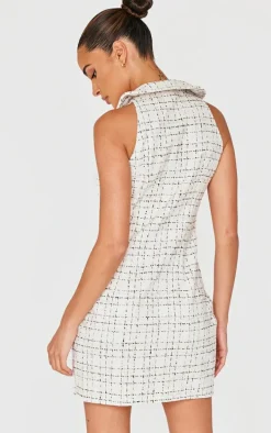 White Boucle Button Up Mini Dress