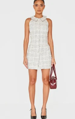White Boucle Button Up Mini Dress