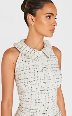 White Boucle Button Up Mini Dress