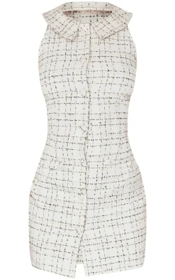White Boucle Button Up Mini Dress