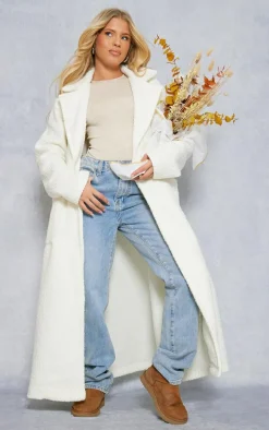 White Boucle Oversized Tie Waist Maxi Coat