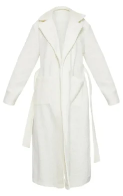White Boucle Oversized Tie Waist Maxi Coat