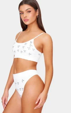 White Bow Print Ribbed Thong