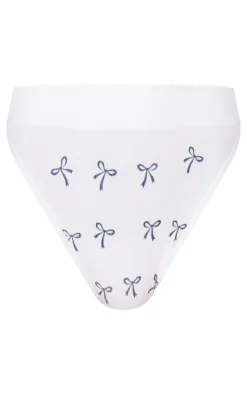 White Bow Print Ribbed Thong