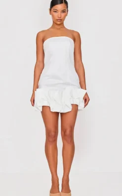 White Bow Puff Hem Bodycon Dress