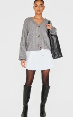 White Bow Tie Belt Pleated Denim Mini Skirt